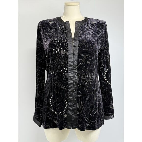 Chico’s( 2 )Burnout Velvet Blouse Size Large Black Sheer Embellished Long Sleeve - Picture 1 of 13